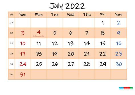 Editable July 2022 Calendar Template K22m487
