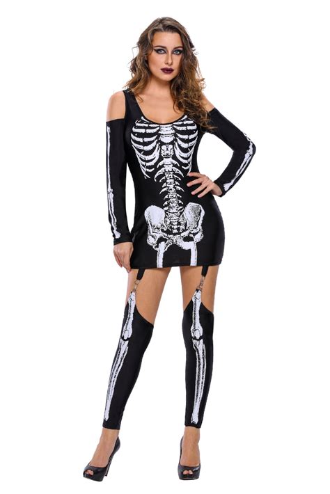 Sexy X Rayed Halloween Off Shoulder Skeleton Dress Costume Sexy Affordable Clothing