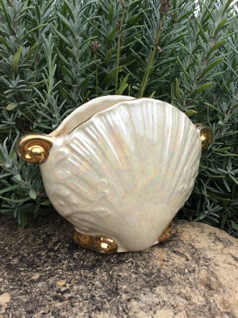 Vintage Ceramic Pearl Clam Shell Planter Vase Coastal Etsy Shell Planter Vintage