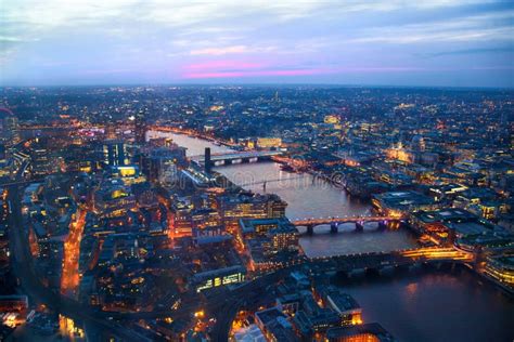 City Of London Panorama In Sunset First Night Lights Editorial Stock