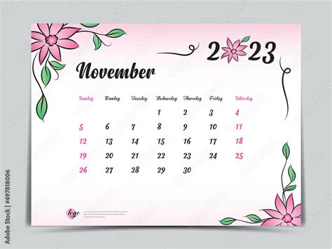 Calendar 2023 Template On Pink Flowers Background November 2023