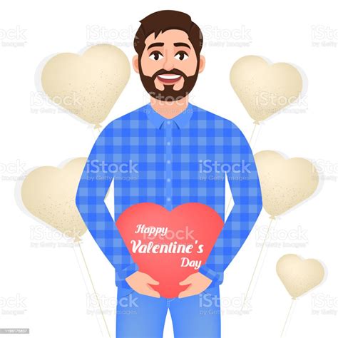 Young Bearded Guy Holds Valentine Heart Shaped Balloons Vector Illustration In Flat Style Stock
