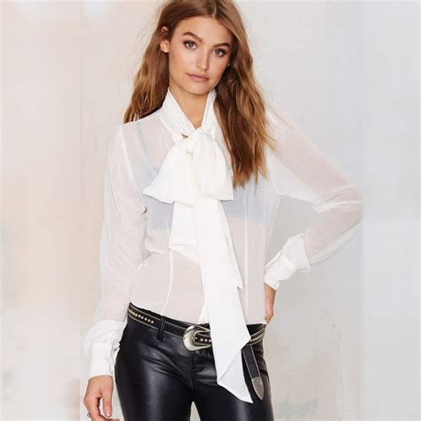 Womens Pussy Big Bow Tie Long Sleeve Chiffon Blouse Evening Party Perspective Casual Shirt In