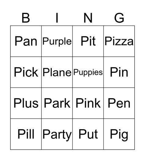 Initial Sound P Bingo Card
