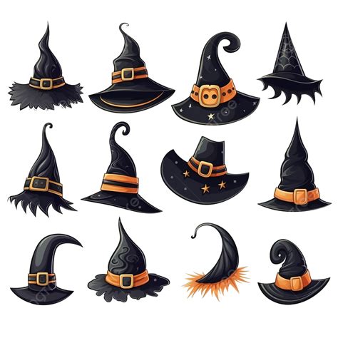Set Of Different Witch Hats Symbols Of Halloween In Cartoon Style