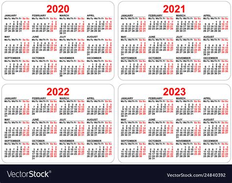 Year 2020 2021 2022 2023 Calendar Vector De Stock Libre De Regalías