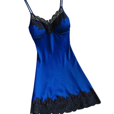 Fartey Womens Sexy Satin Nightgown Lace Trim Lingerie Deep V Neck