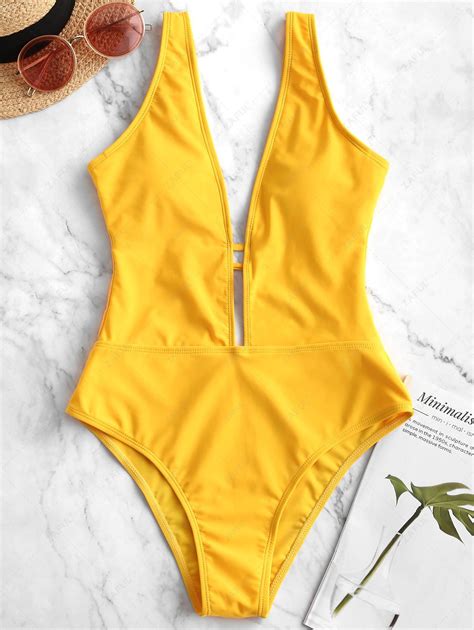 [36 Off] 2021 Zaful Plunging Padded One Piece Swimsuit In Bright Yellow Zaful