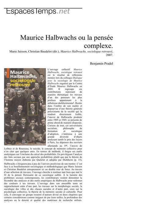 Pdf Maurice Halbwachs Ou La Pensée Complexe
