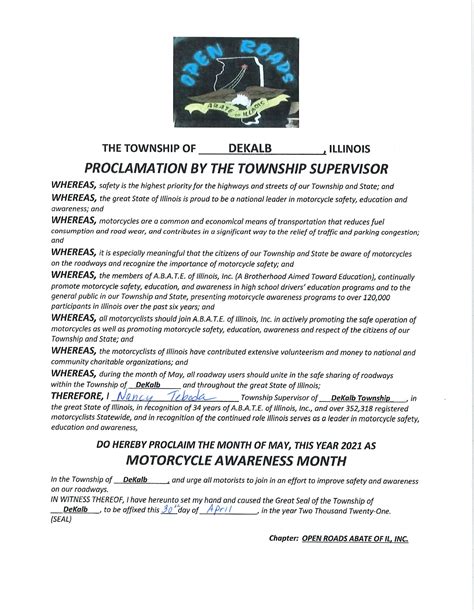 Proclamation For Motorcycle Awareness Month Dekalb Township