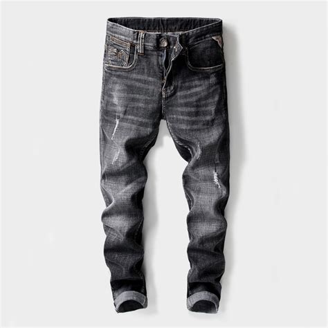Top Quality Italian Fashion Mens Jeans Dark Gray Slim Fit Ripped Jeans