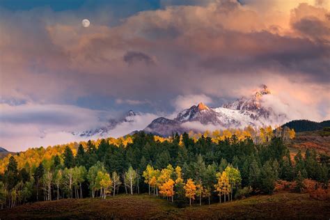 1800x1200 Nature Landscape Mountain Sunrise Forest Fall Moon Clouds
