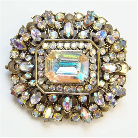 Vintage Hollycraft Large Aurora Borealis Rhinestone Brooch Signed From