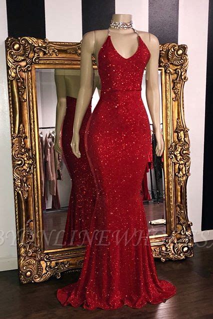 Sexy Sequins Sleeveless Mermaid Prom Dresses Glitter 2021 Halter Red