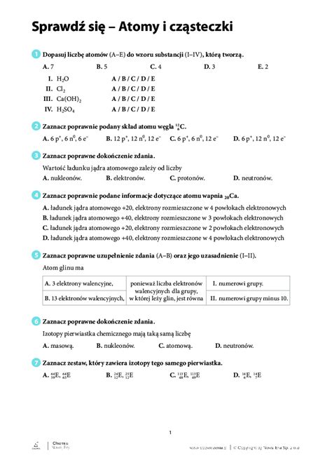 Chemia Atomy I Cząsteczki Sprawdzian Klasa 7 - Sprawdź się - Atomy i cząsteczki - Pobierz pdf z Docer.pl