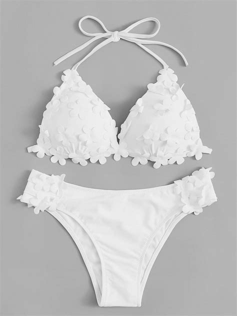 white flower swimsuit applique halter top with seam bikini bottom bikinis flower swimsuit