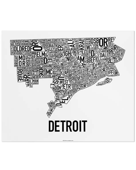 Detroit Neighborhood Map 24 X 20 Classic Black And White Poster