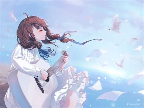 Wallpaper Anime Girl Guitar Instrument Birds White Dress Singing Windy Brown Hair