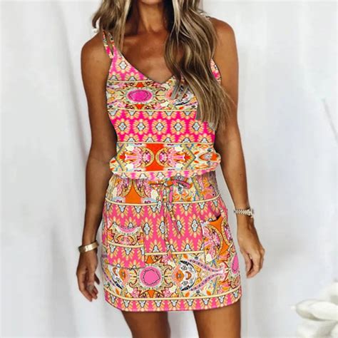 Mixed Red And Pink Aztec Print Spaghetti Strap Mini Dress Tluly