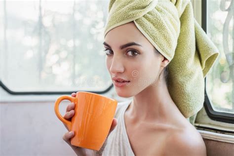 Beautiful Young Woman With Morning Cup Of Hot Beverage Stock Image Image Of Morning Happy