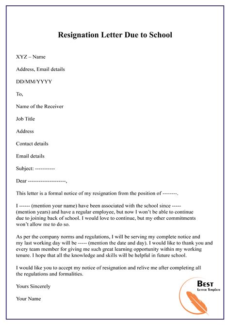 Resignation Letter Due To School Schedule Sample Resignation Letter