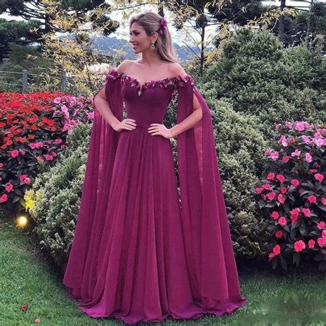 Dark Purple 3d Flower Chiffon Evening Gowns With Special Sleeves A Line