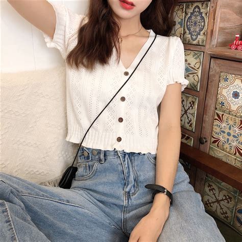 Women Knit V Neck Short Tops Korean Fashion Short Sleeve Shirt Shopee