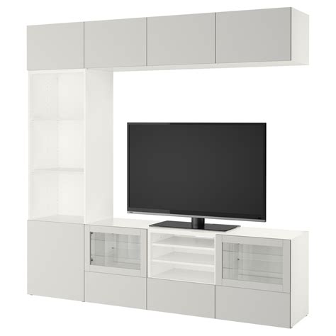 BESTÅ TV storage combination/glass doors - white Lappviken, light gray clear glass 94 1/2x15 3 