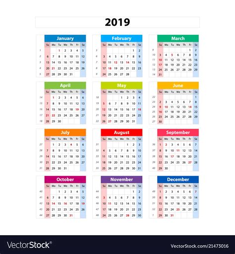 Calendar 2019 Week Starts From Sunday Business Vector Image
