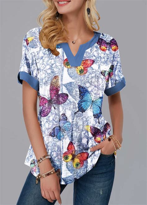 Short Sleeve Split Neck Butterfly Print Blouse Trendy Fashion Tops