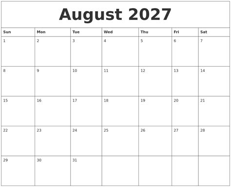 August 2027 Calendar Printable Free