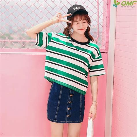 Stripes Kawaii T Shirt Women Ulzzang Korean Style T Shirt Loose Brief Summer Top Plus Size
