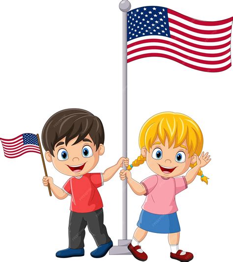 Niños De Dibujos Animados Con Banderas De Estados Unidos Vector Premium