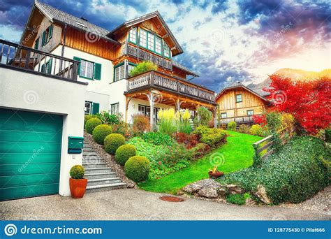 Beautiful Houses In Brauhof Village On The Lake Grundlsee Stock Photo