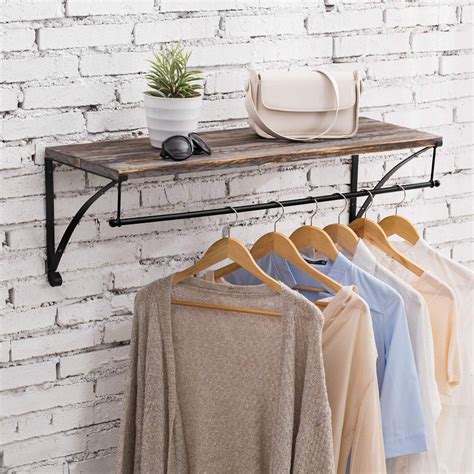 Wall Mounted Rustic Torched Wood Floating Shelf With Black Metal Garme