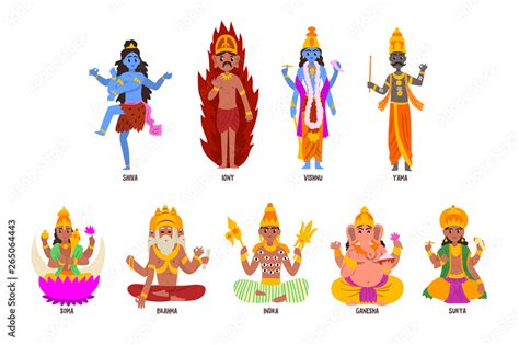 indian gods set shiva igny vishnu ganesha indra soma brahma surya yama god cartoon
