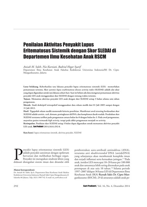 Pdf Penilaian Aktivitas Penyakit Lupus Eritematosus Sistemik Dengan