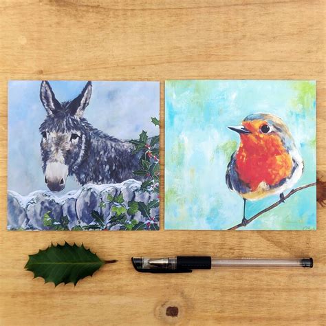 Set Of 8 Christmas Animal Cards Donkey And Robin Art Card Set Etsy