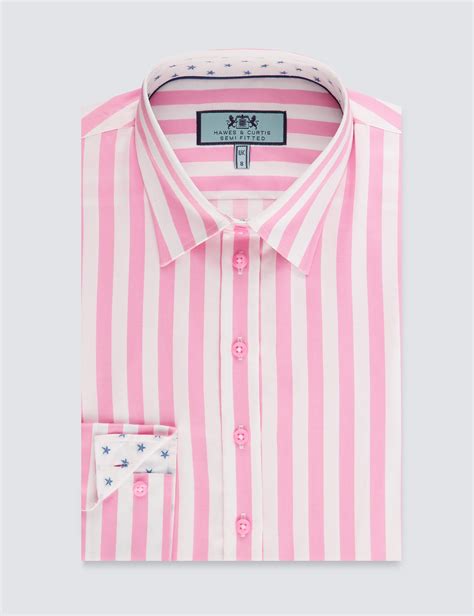 Womens Pink And White Bold Stripe Semi Fitted Shirt Single Cuff Hawes And Curtis