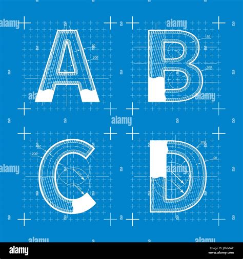 Construction Sketches Of A B C D Letters Blueprint Style Font Stock