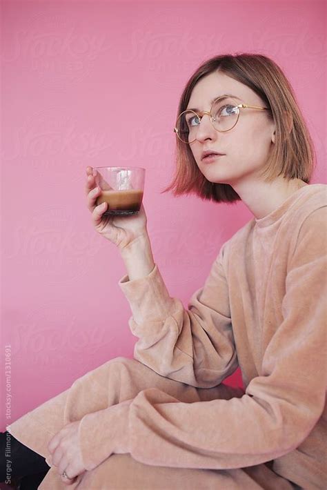 Portrait Of Young Stylish Woman With Coffee Cup By Sergey Filimonov