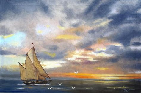 Sailboat Sunset Seascape 24x36 Oils On Canvas Painting By Oil On