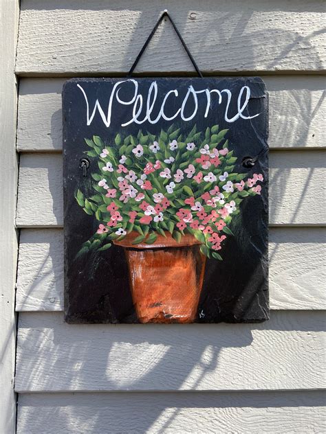 Hand Painted Slate Welcome Sign Spring Door Hanger Pansies Welcome