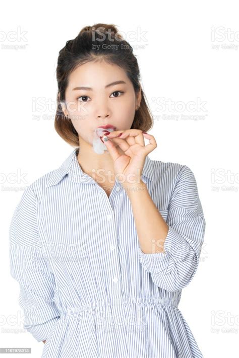 Chinese Woman Wearing Dress And Smoking Cigarette Isolated White
