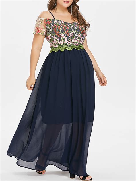 Kenancy Plus Size Cold Shoulder Long Dress Floral Print Embroidered