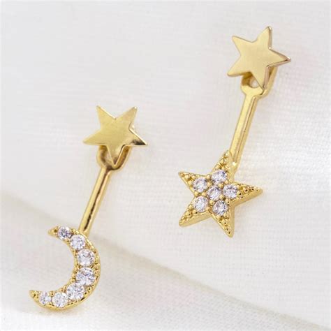 Stud And Underlobe Mismatch Moon And Star Earrings 2 Part Earrings