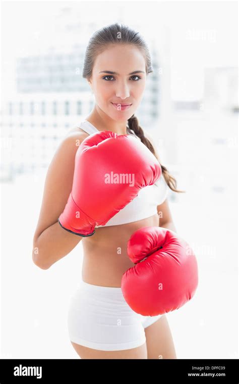 Sporty Brunette Woman Wearing Red Boxing Gloves Stock Photo Alamy