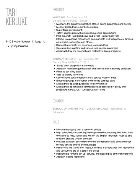 Dietary Aide Resume Samples | Velvet Jobs