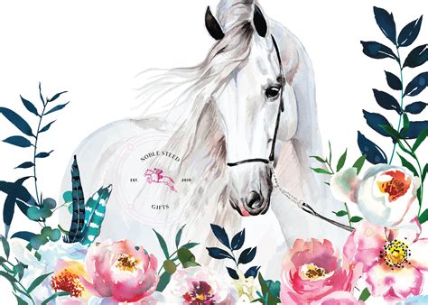 Beautiful White Horse Watercolor Art Flowers Spring Etsy