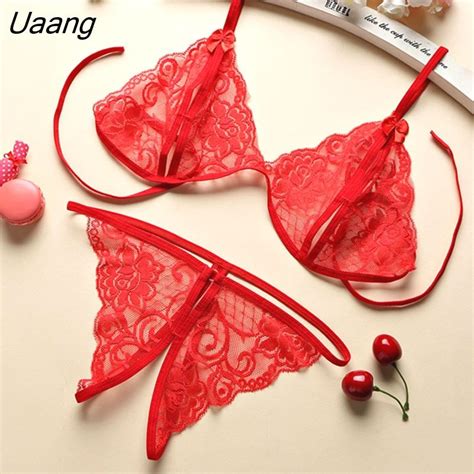 uaang size women lingerie perspective lace bra hollow out thong set sexy women underwear sex